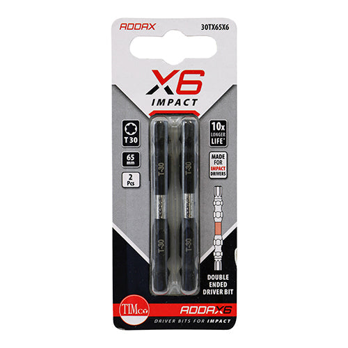 This is an image of Timco - Impact Driver Bits - TX - Double Ended TX30 x 65 (2 Pieces Blister Pack) 30TX65X6