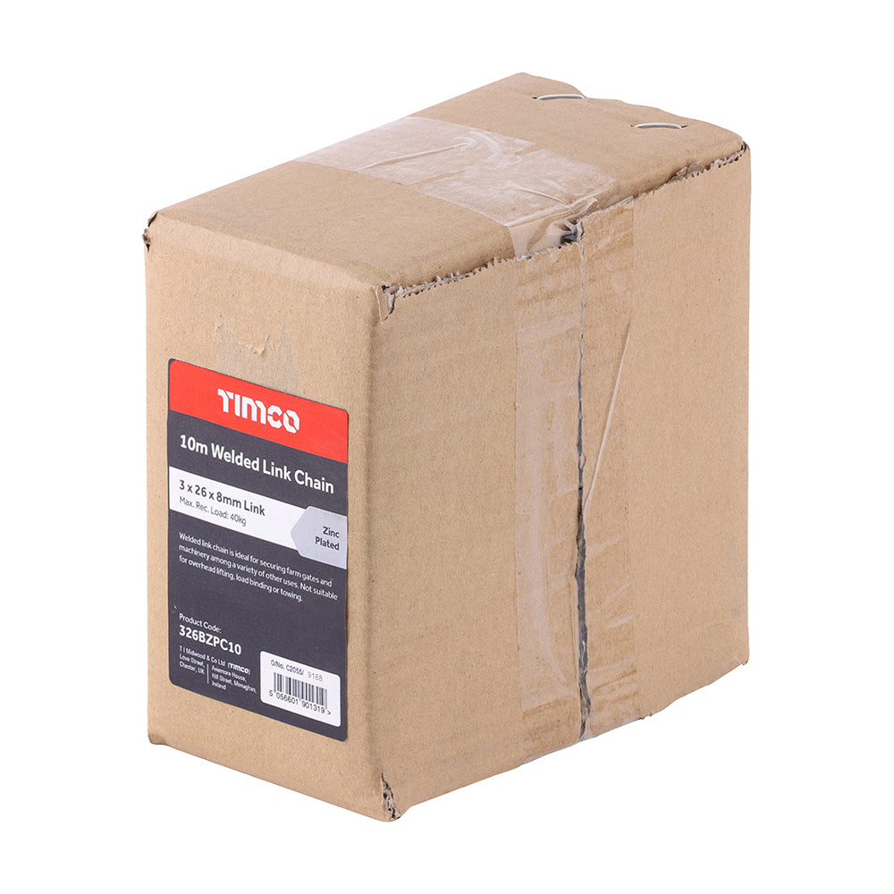 This is an image of Timco - Welded Link Chain - Zinc 3 x 26 x 8mm (10m) (1 Each Box) 326BZPC10