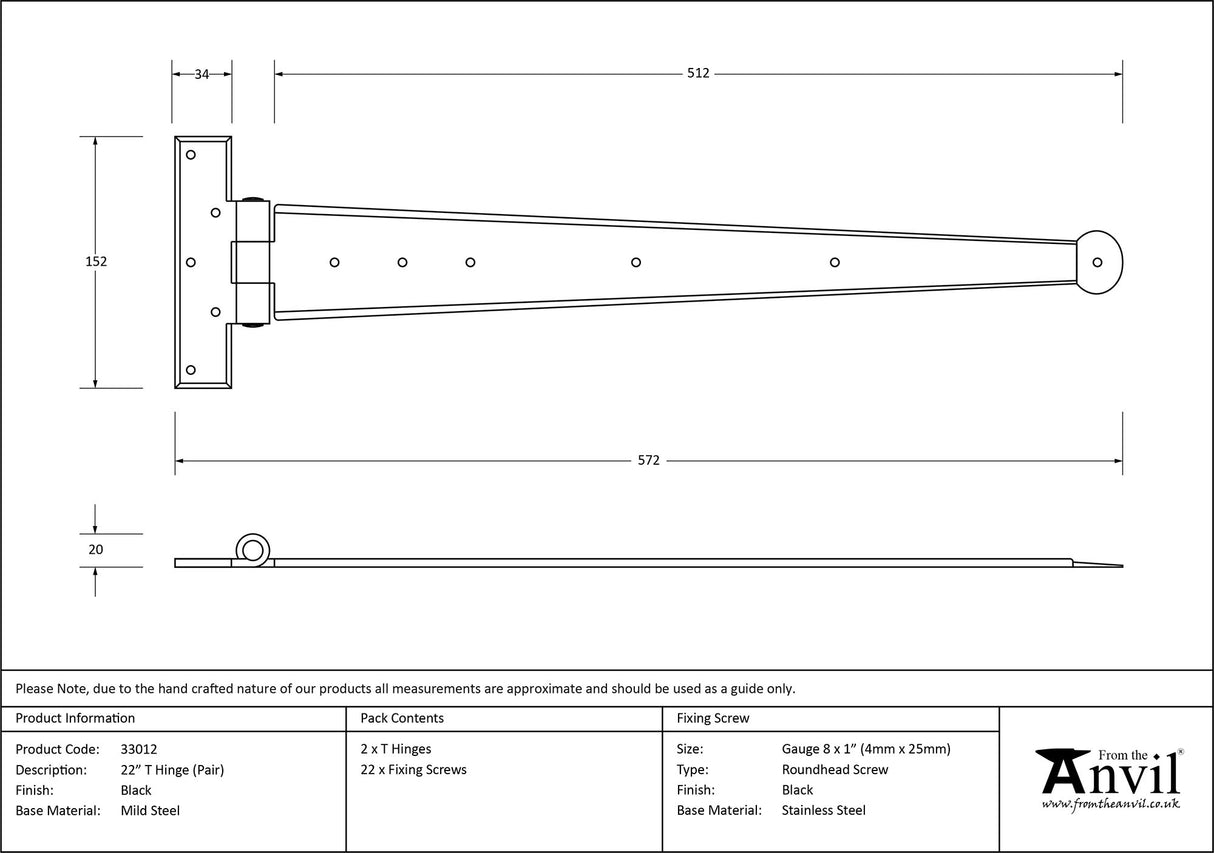From The Anvil - Black 22" Penny End T Hinge (pair) | Sku. 33012 | Trade Door Handles.