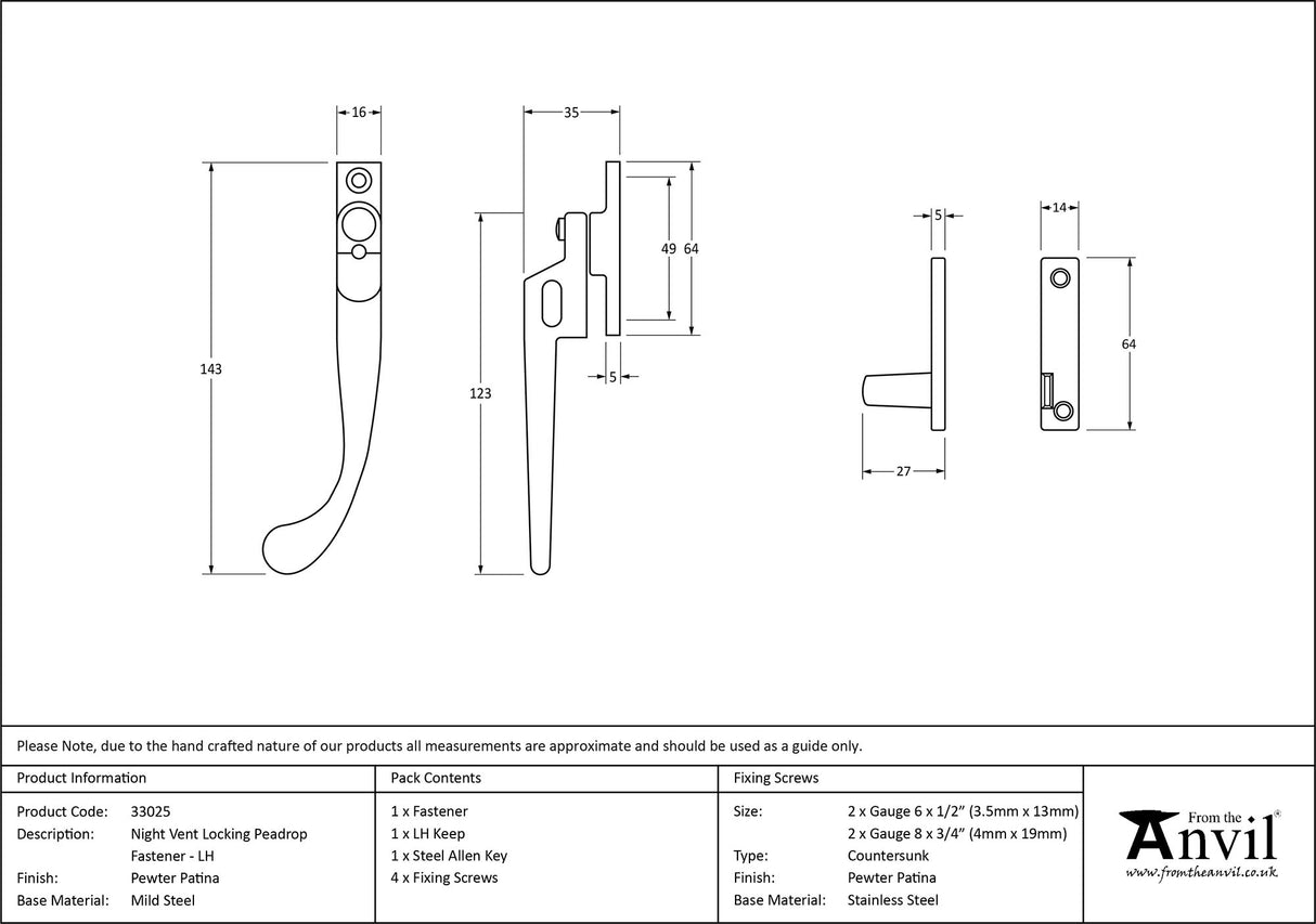 From The Anvil - Pewter Night-Vent Locking Peardrop Fastener - LH | Sku. 33025 | Trade Door Handles.