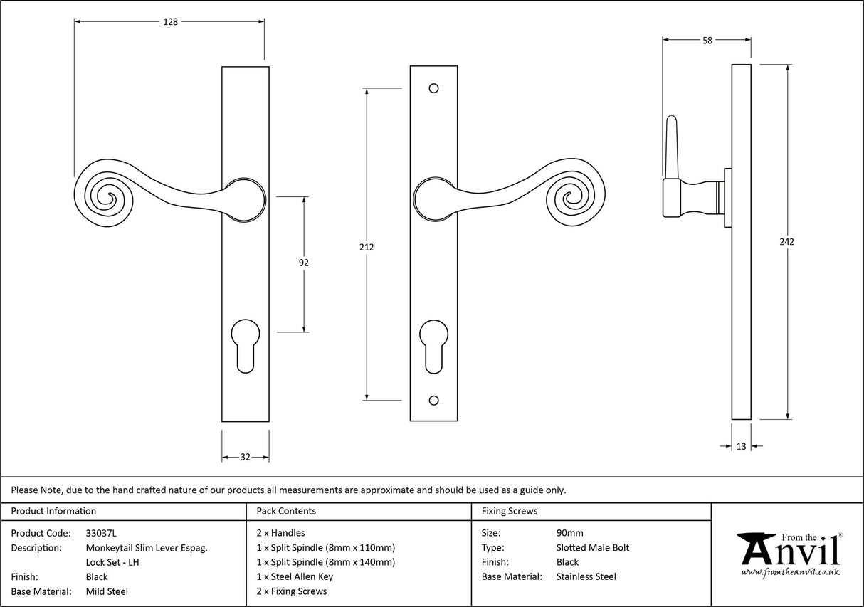 From The Anvil - Black Monkeytail Slimline Lever Espag. Lock Set - LH | Sku. 33037L | Trade Door Handles.