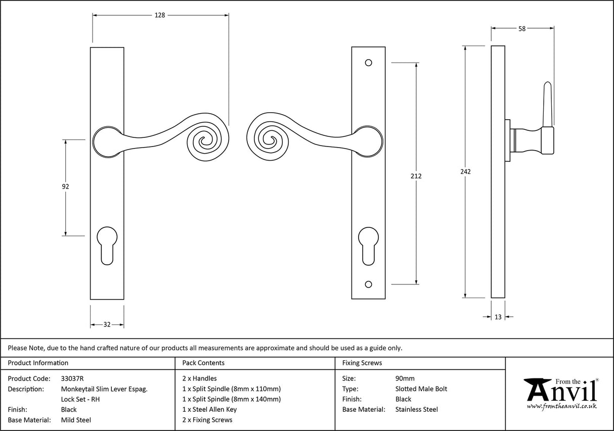 From The Anvil - Black Monkeytail Slimline Lever Espag. Lock Set - RH | Sku. 33037R | Trade Door Handles.