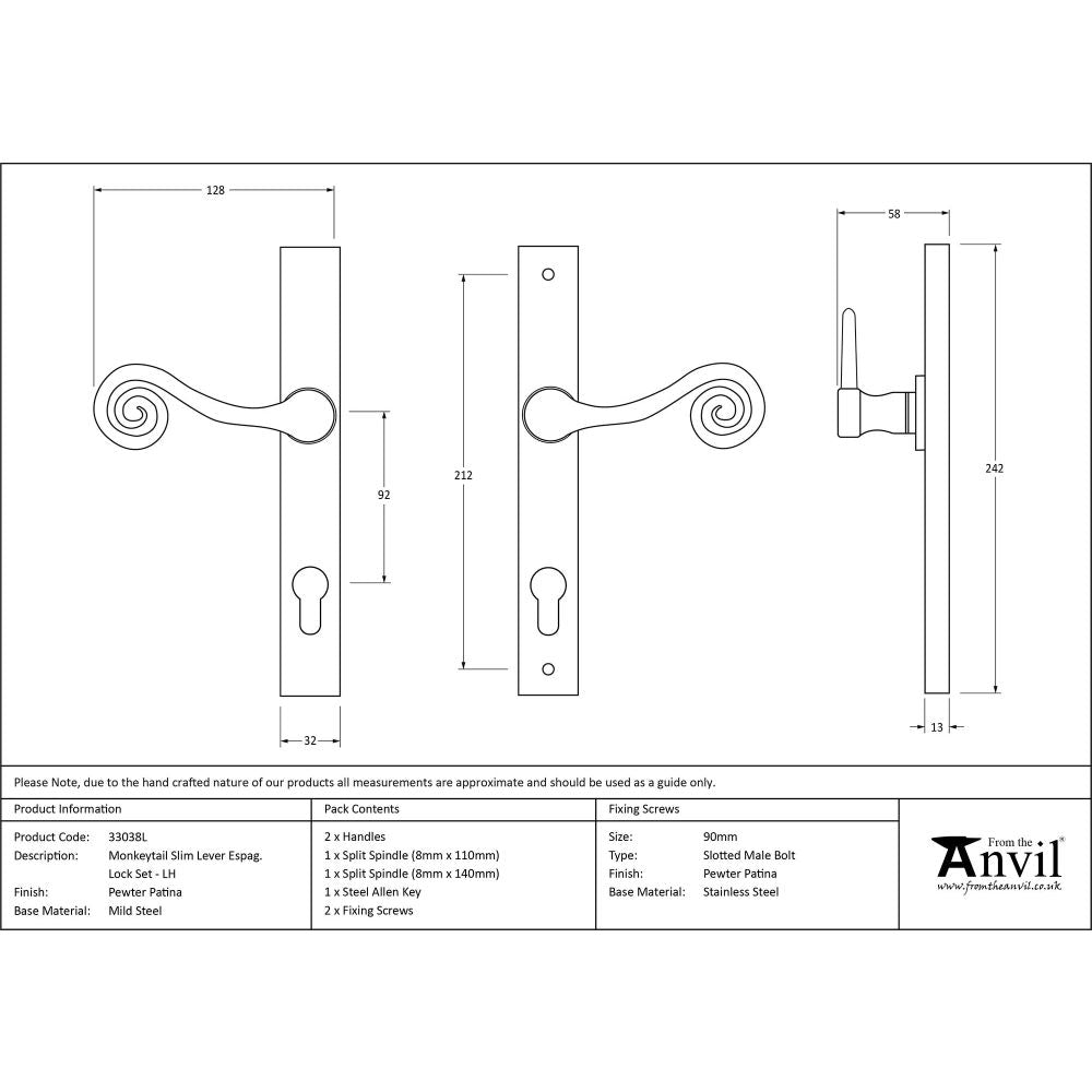 From The Anvil - Pewter Monkeytail Slimline Lever Espag. Lock Set - LH | Sku. 33038L | Trade Door Handles.