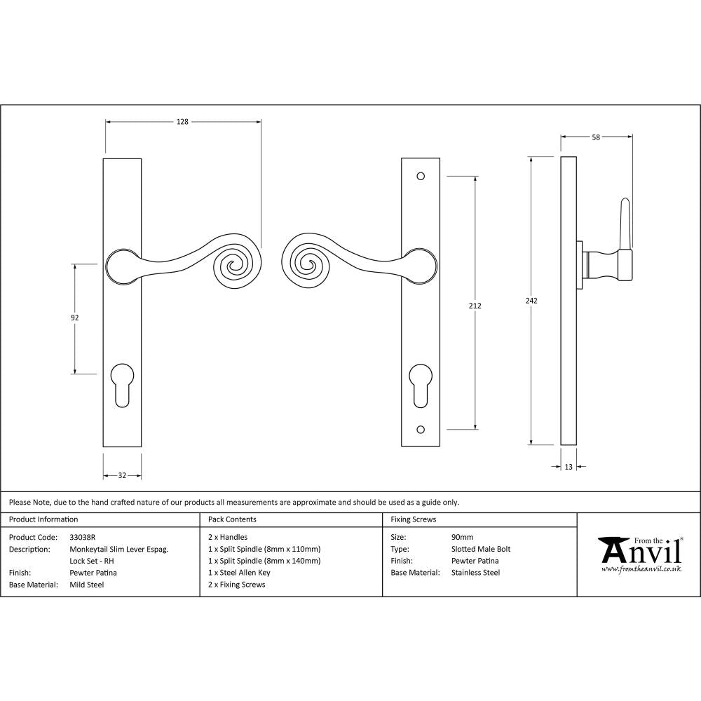 From The Anvil - Pewter Monkeytail Slimline Lever Espag. Lock Set - RH | Sku. 33038R | Trade Door Handles.