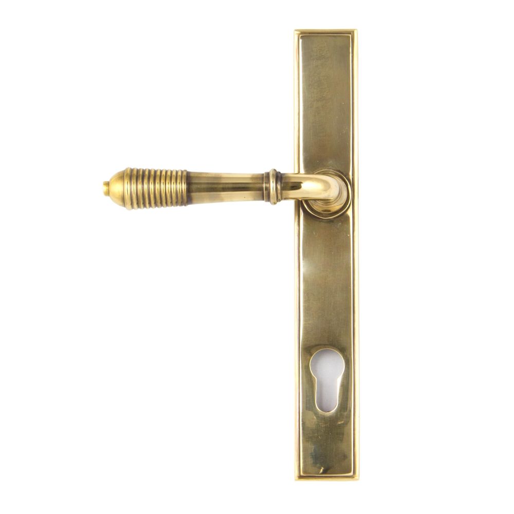 From The Anvil - Aged Brass Reeded Slimline Lever Espag. Lock Set | Sku. 33039 | Trade Door Handles.
