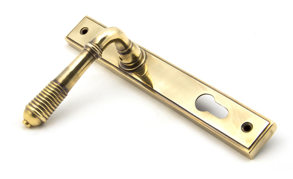 From The Anvil - Aged Brass Reeded Slimline Lever Espag. Lock Set | Sku. 33039 | Trade Door Handles.