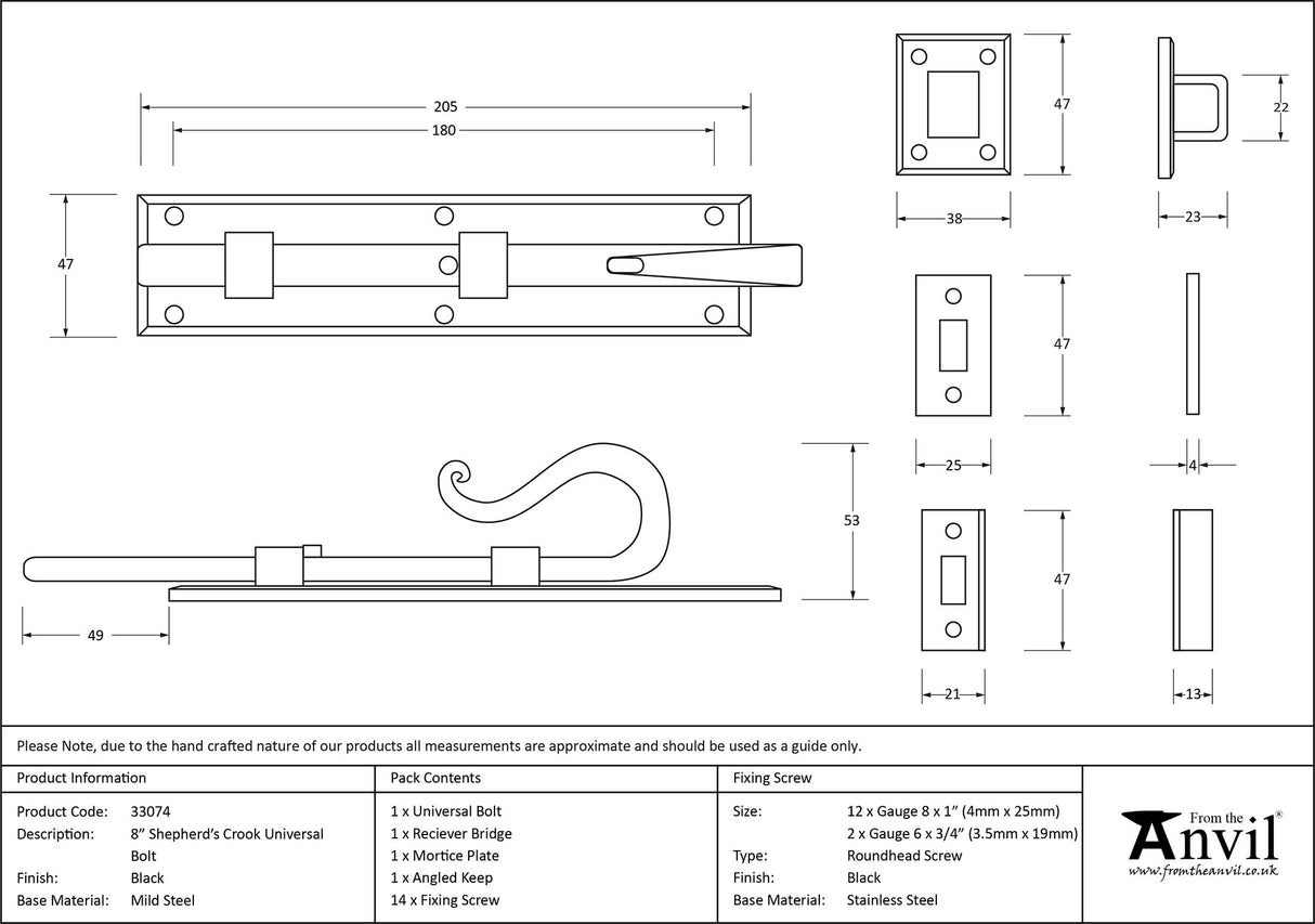 From The Anvil - Black 8" Shepherd's Crook Universal Bolt | Sku. 33074 | Trade Door Handles.
