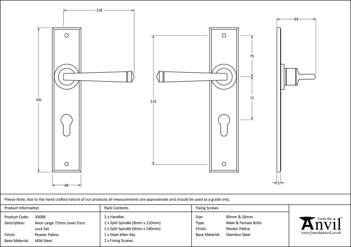 From The Anvil - Pewter Large Avon 72mm Centre Euro Lock Set | Sku. 33088 | Trade Door Handles.