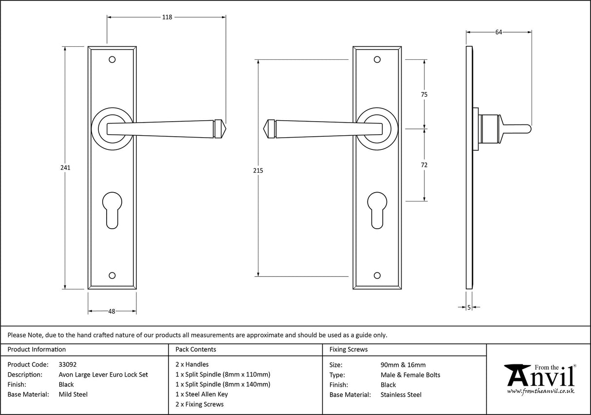 From The Anvil - Black Large Avon 72mm Centre Euro Lock Set | Sku. 33092 | Trade Door Handles.