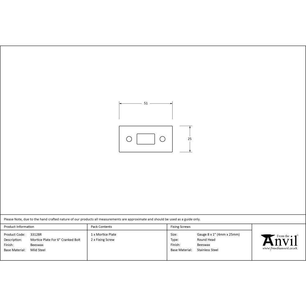 From The Anvil - Beeswax Mortice Plate for 6" Cranked Door Bolt | Sku. 33128R | Trade Door Handles.