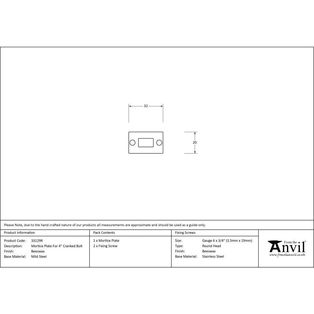 From The Anvil - Beeswax Mortice Plate for 4" Cranked Door Bolt | Sku. 33129R | Trade Door Handles.