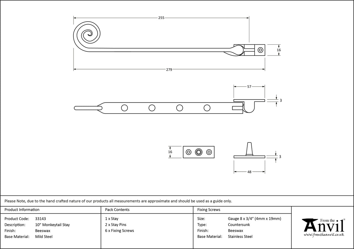 From The Anvil - Beeswax 10" Monkeytail Stay | Sku. 33143 | Trade Door Handles.