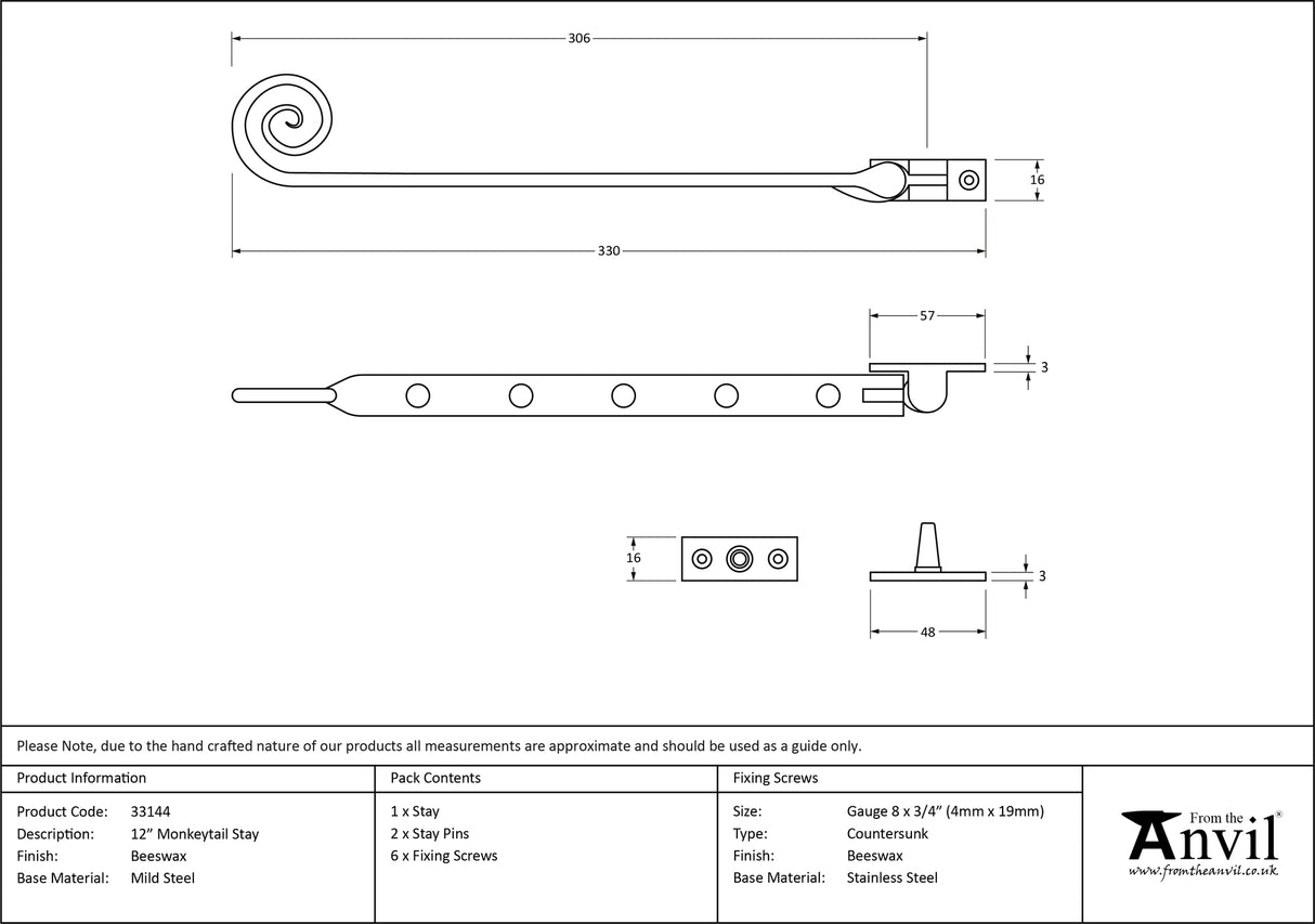 From The Anvil - Beeswax 12" Monkeytail Stay | Sku. 33144 | Trade Door Handles.