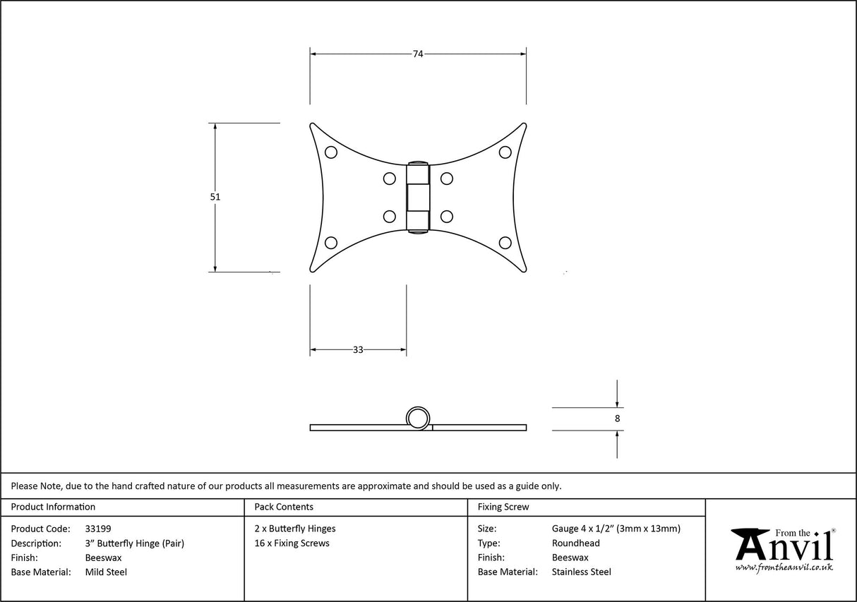From The Anvil - Beeswax 3" Butterfly Hinge (pair) | Sku. 33199 | Trade Door Handles.