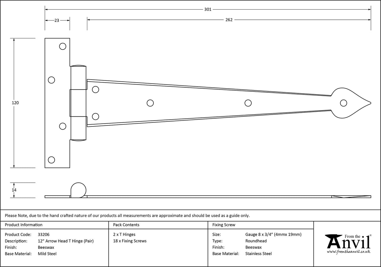 From The Anvil - Beeswax 12" Arrow Head T Hinge (pair) | Sku. 33206 | Trade Door Handles.