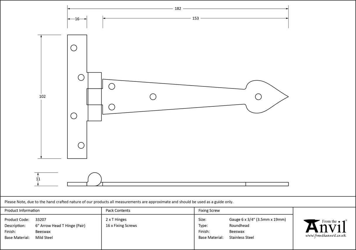 From The Anvil - Beeswax 6" Arrow Head T Hinge (pair) | Sku. 33207 | Trade Door Handles.