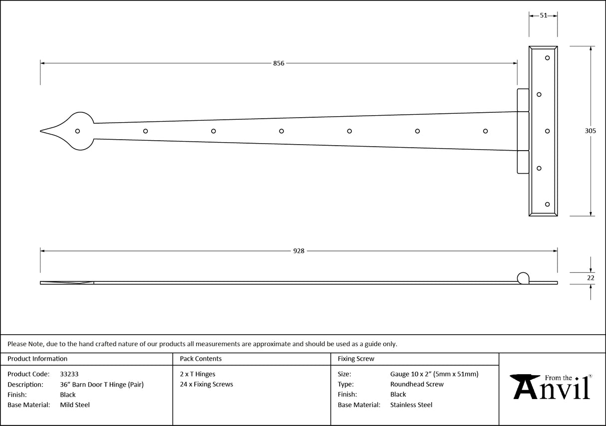 From The Anvil - Black 36" Barn Door T Hinge (pair) | Sku. 33233 | Trade Door Handles.