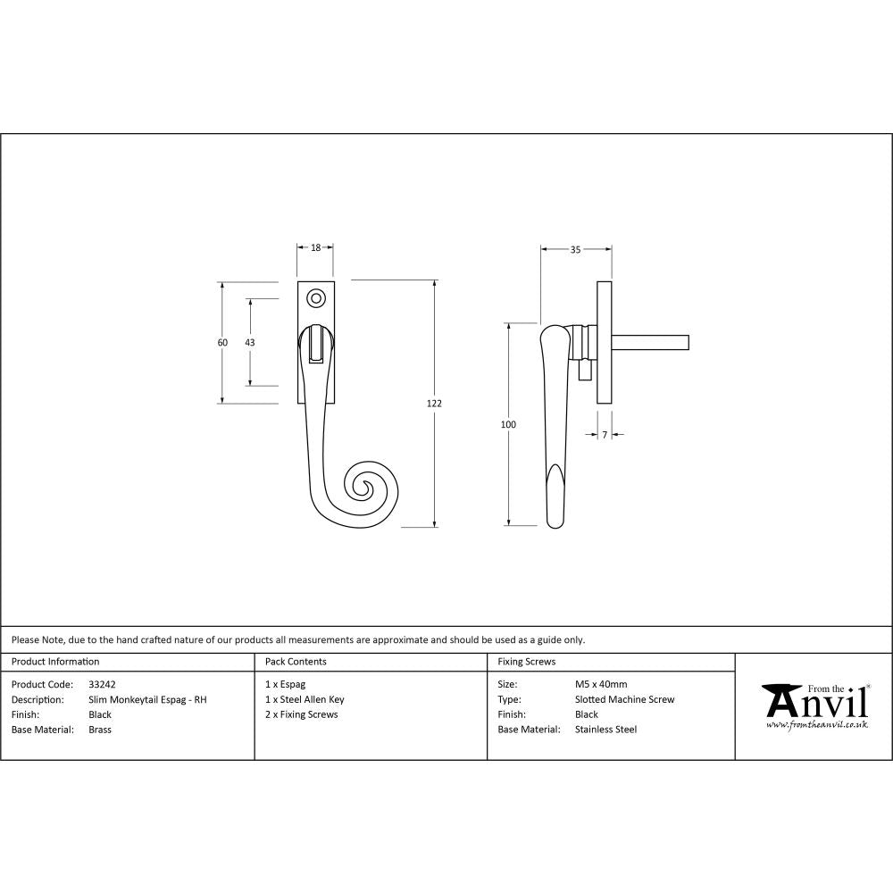 From The Anvil - Black Slim Monkeytail Espag - RH | Sku. 33242 | Trade Door Handles.