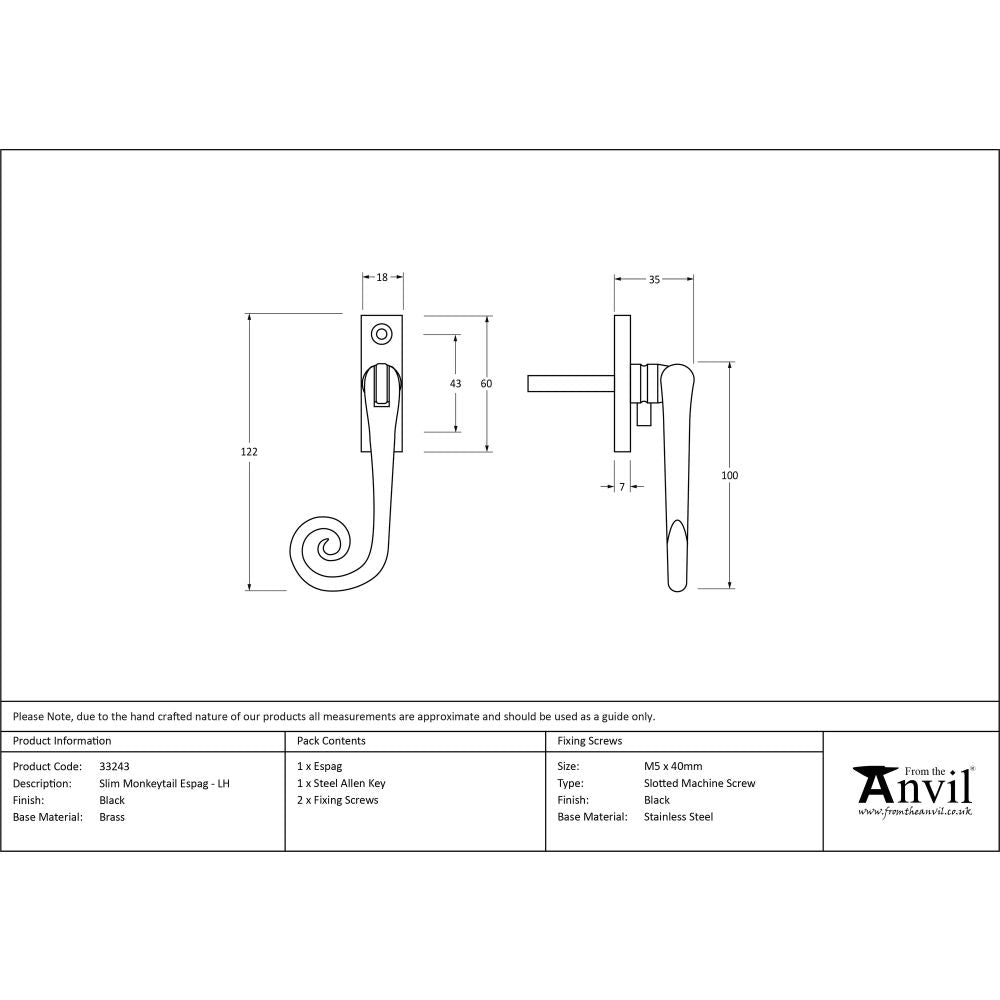 From The Anvil - Black Slim Monkeytail Espag - LH | Sku. 33243 | Trade Door Handles.