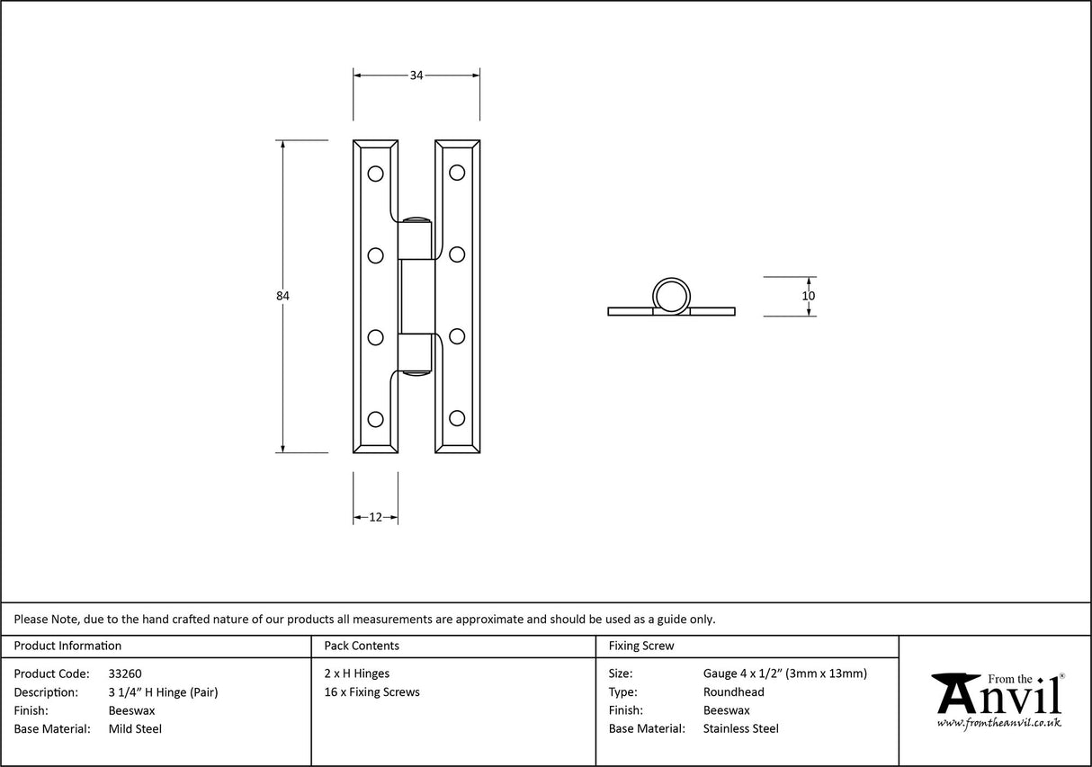 From The Anvil - Beeswax 3¼" H Hinge (pair) | Sku. 33260 | Trade Door Handles.
