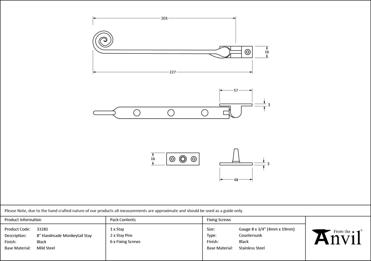 From The Anvil - Black 8" Handmade Monkeytail Stay | Sku. 33281 | Trade Door Handles.