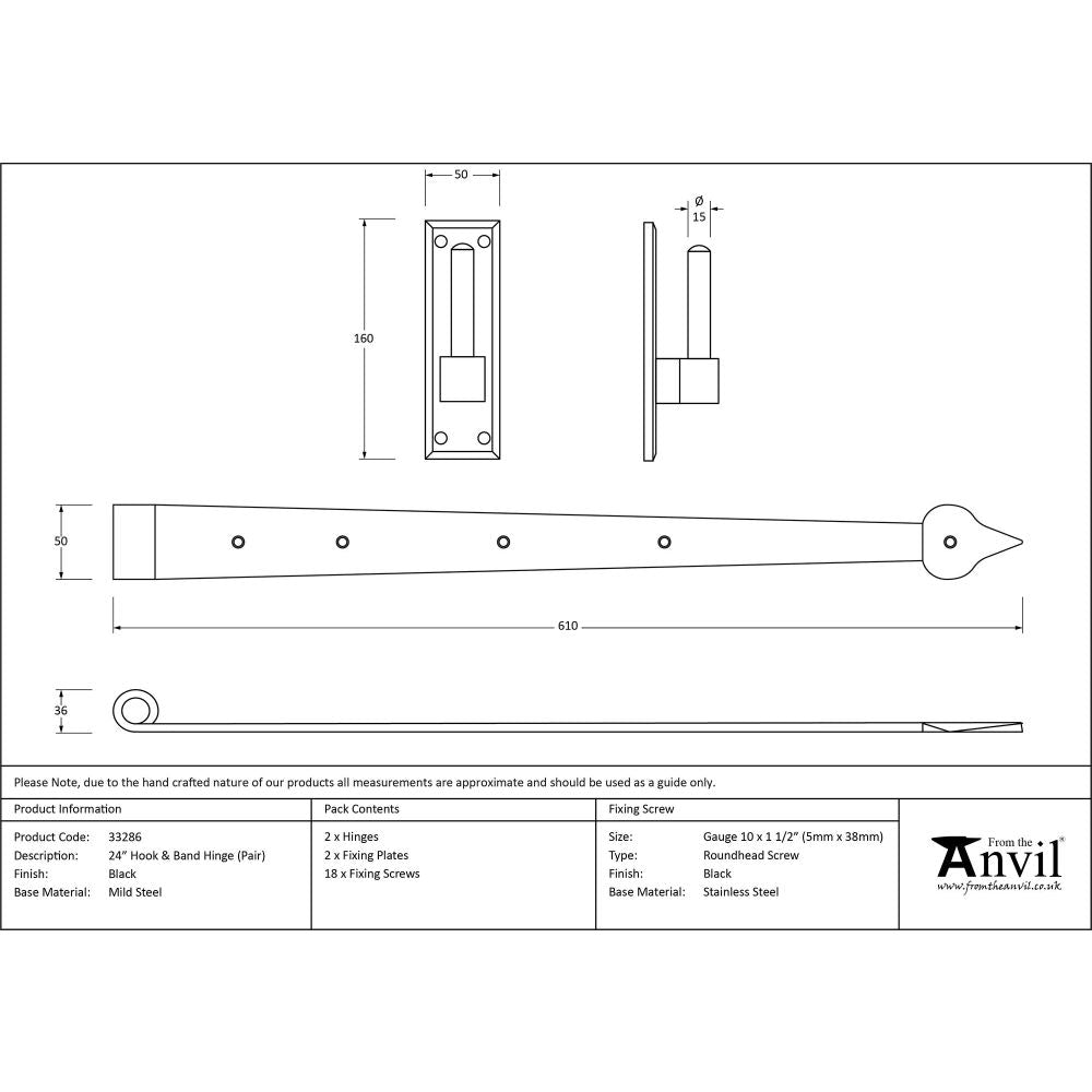 From The Anvil - Black 24" Hook & Band Hinge (pair) | Sku. 33286 | Trade Door Handles.