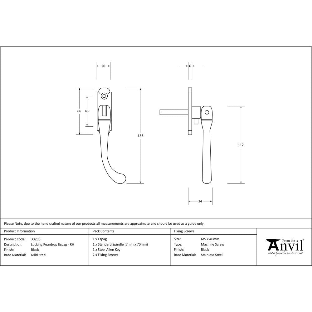 From The Anvil - Black Locking Peardrop Espag - RH | Sku. 33298 | Trade Door Handles.