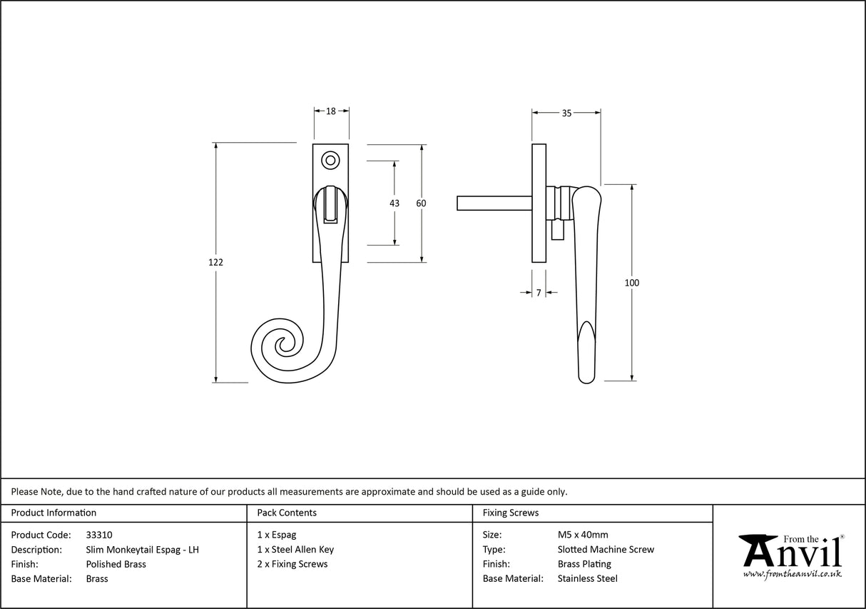 From The Anvil - Polished Brass Slim Monkeytail Espag - LH | Sku. 33310 | Trade Door Handles.