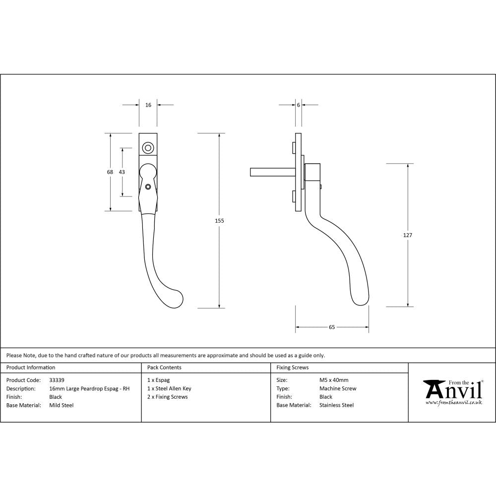 From The Anvil - Black Large 16mm Peardrop Espag - RH | Sku. 33339 | Trade Door Handles.