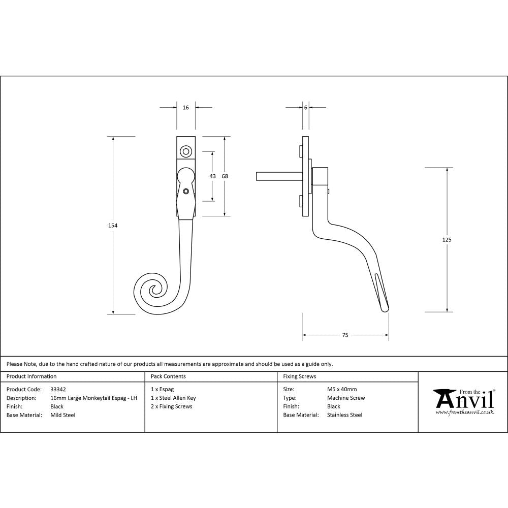 From The Anvil - Black Large 16mm Monkeytail Espag - LH | Sku. 33342 | Trade Door Handles.