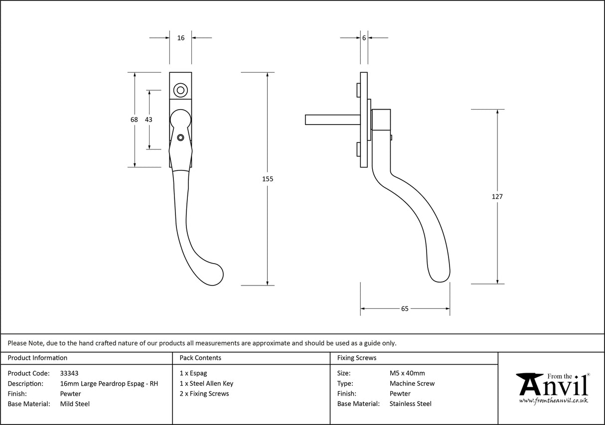 From The Anvil - Pewter Large 16mm Peardrop Espag - RH | Sku. 33343 | Trade Door Handles.