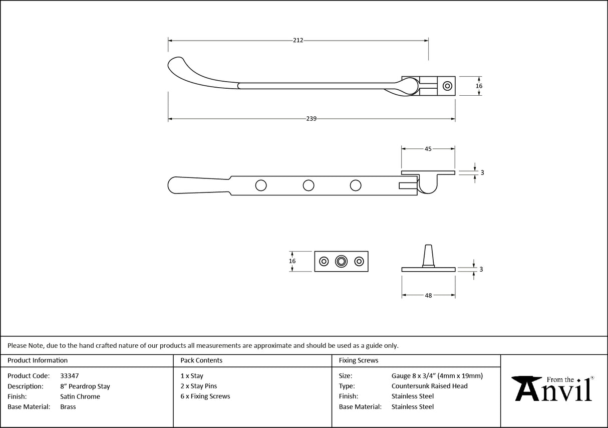 From The Anvil - Satin Chrome 8" Peardrop Stay | Sku. 33347 | Trade Door Handles.