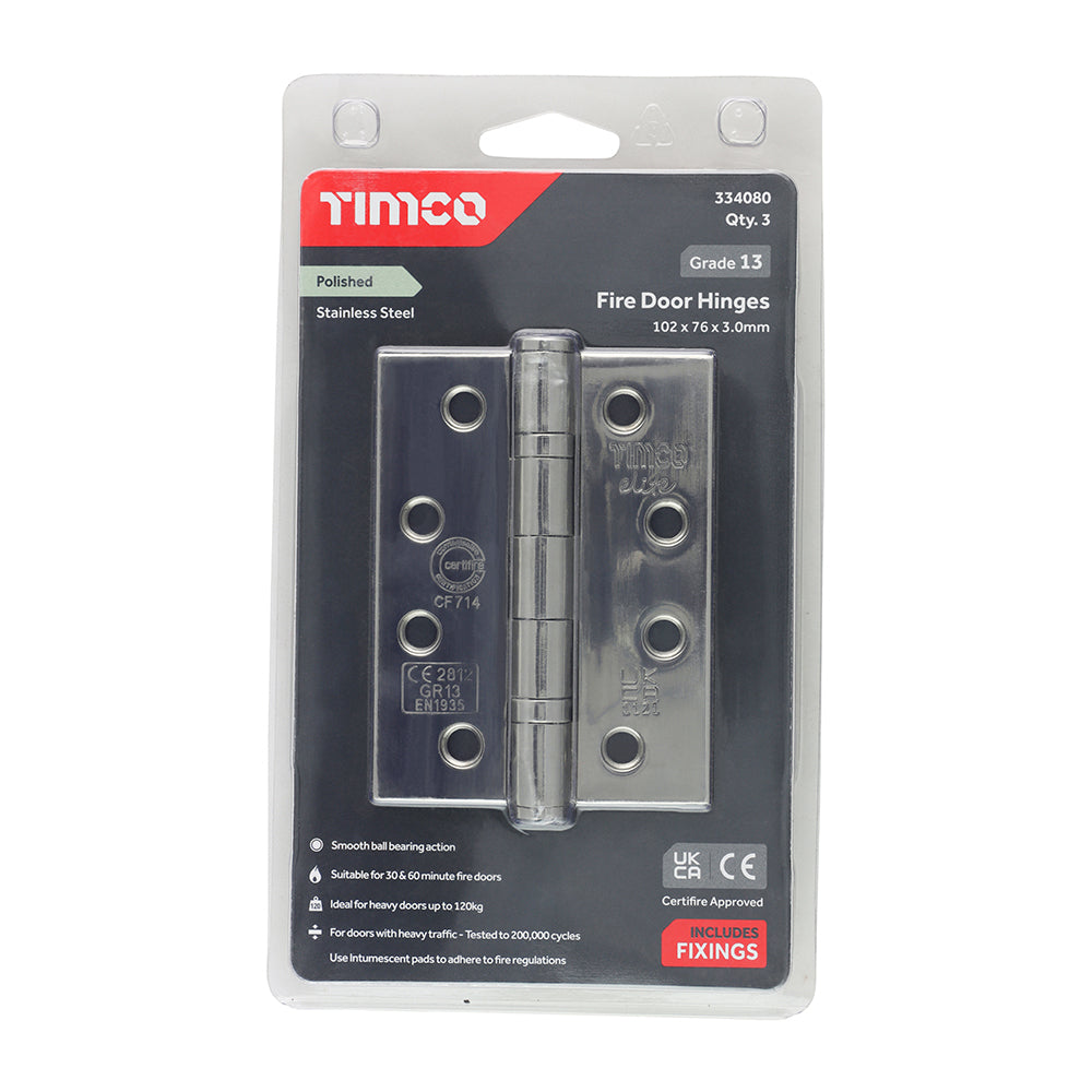 This is an image of Timco - Grade 13 Fire Door Hinges - Polished Stainless Steel 101 x 76 x 3 (1.5 Pairs Blister Pack) 334080