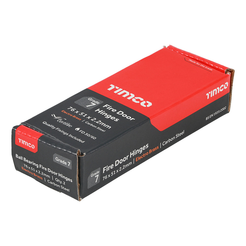 This is an image of Timco - Grade 7 Fire Door Hinges - Electro Brass 76 x 50 x 2.0 (1 Pairs Box) 334101