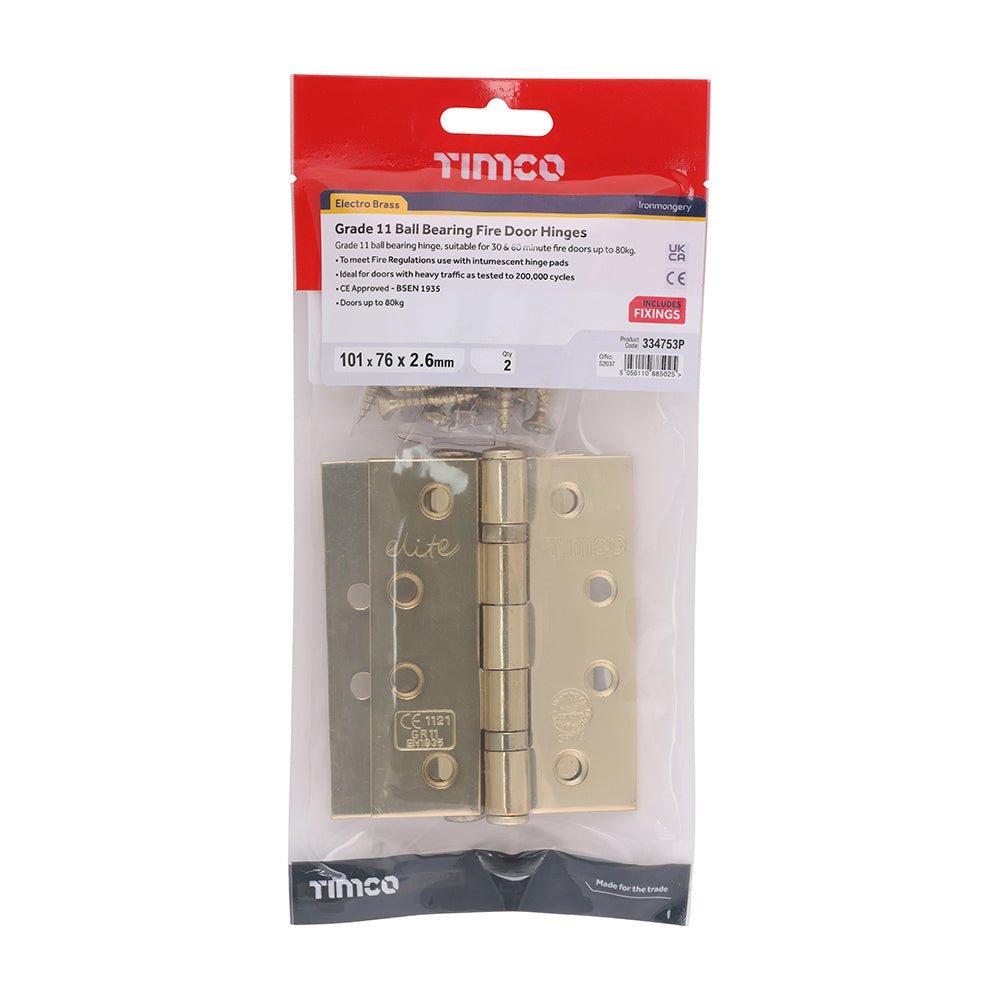 This is an image of Timco - Grade 11 Ball Bearing Fire Door Hinges - Electro Brass 101 x 76 x 2.6 (1 Pairs TIMbag) 334753P