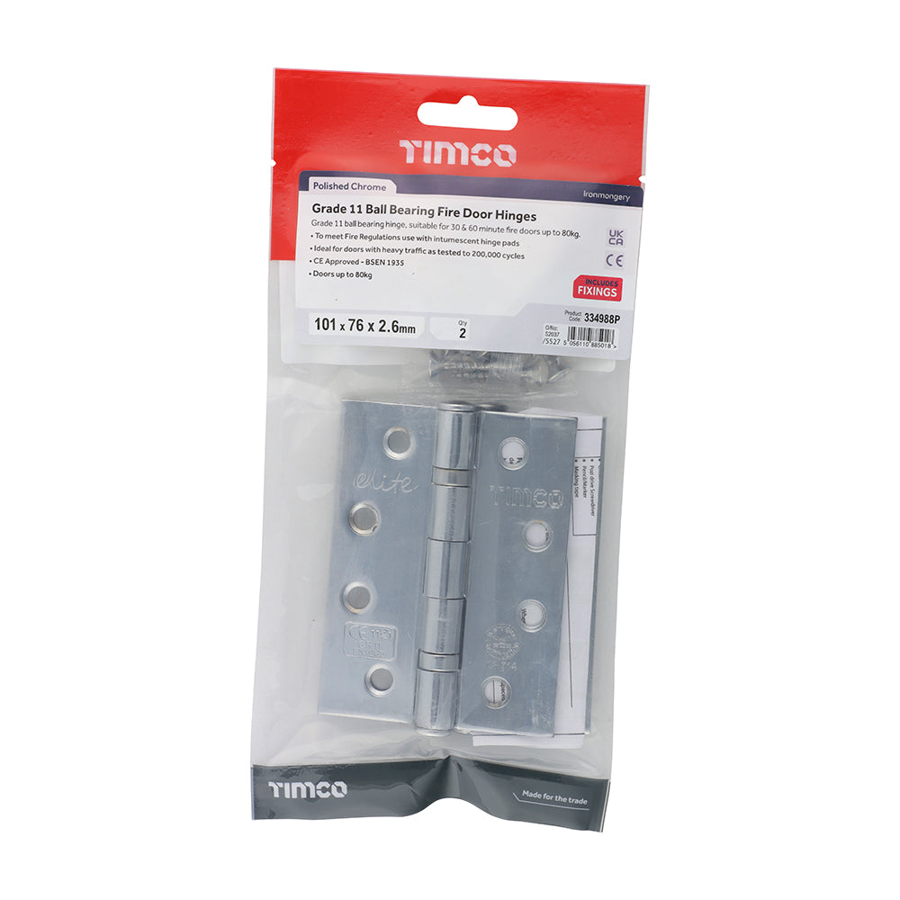 This is an image of Timco - Grade 11 Ball Bearing Fire Door Hinges - Polished Chrome 101 x 76 x 2.6 (1 Pairs TIMbag) 334988P