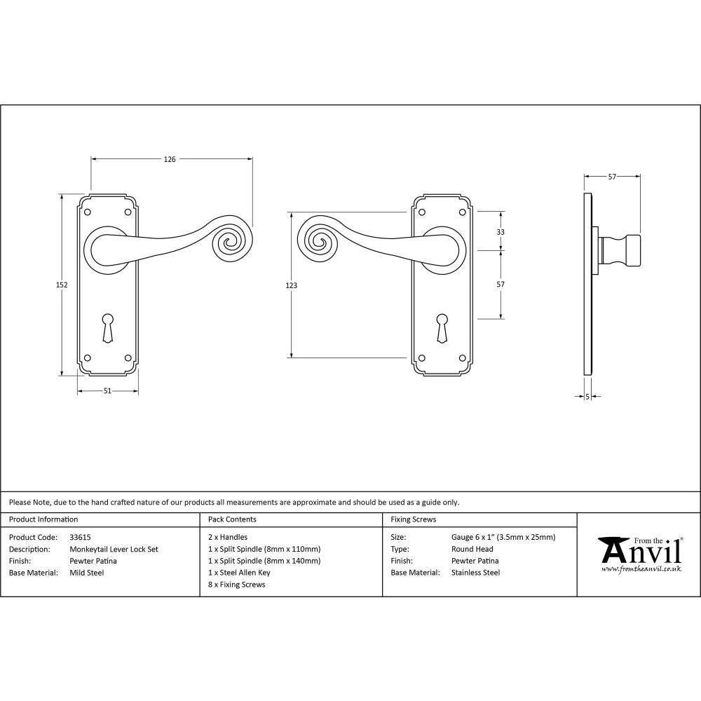 From The Anvil - Pewter Monkeytail Lever Lock Set | Sku. 33615 | Trade Door Handles.