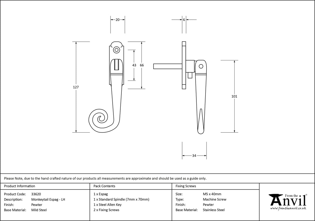 From The Anvil - Pewter Monkeytail Espag - LH | Sku. 33620 | Trade Door Handles.