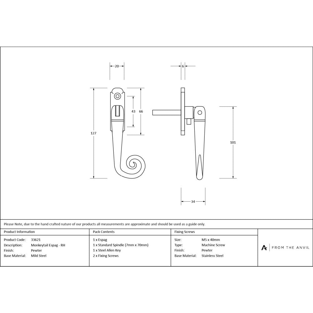 From The Anvil - Pewter Monkeytail Espag - RH | Sku. 33621 | Trade Door Handles.