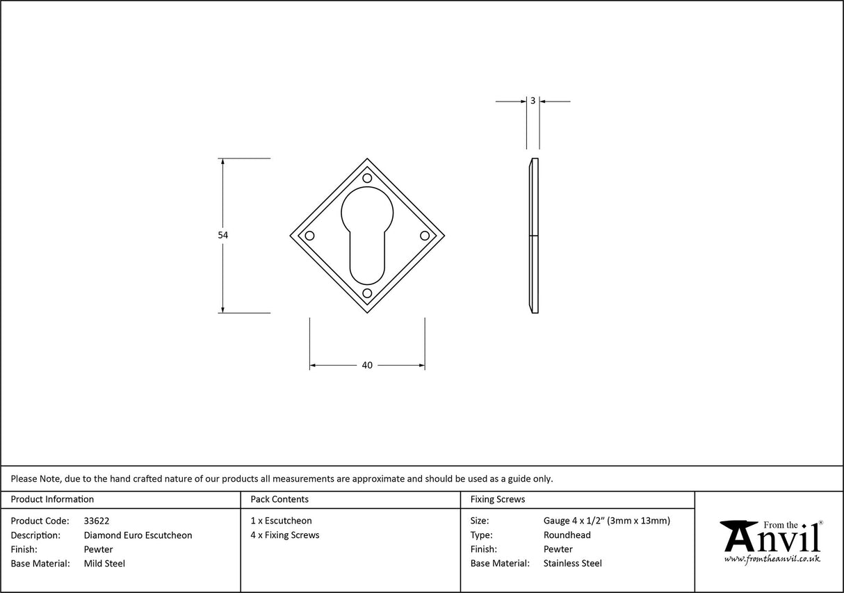 From The Anvil - Pewter Diamond Euro Escutcheon | Sku. 33622 | Trade Door Handles.
