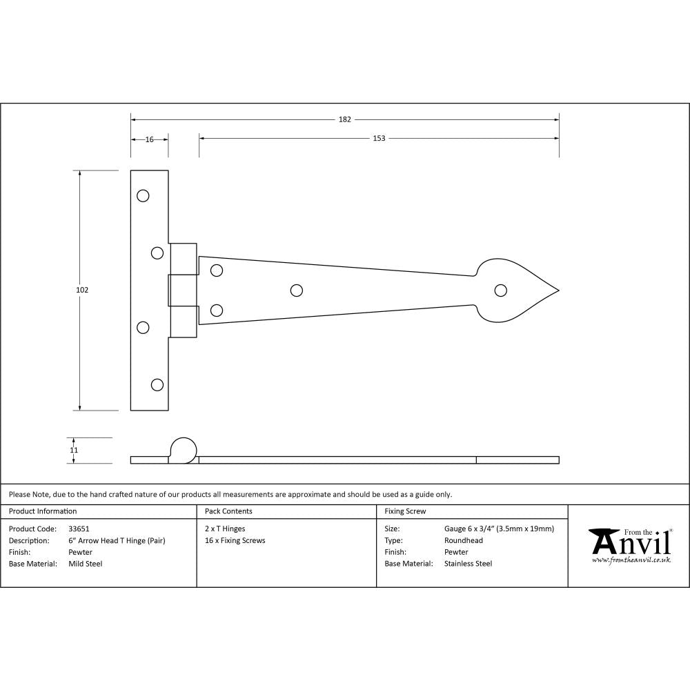 From The Anvil - Pewter 6" Arrow Head T Hinge (pair) | Sku. 33651 | Trade Door Handles.
