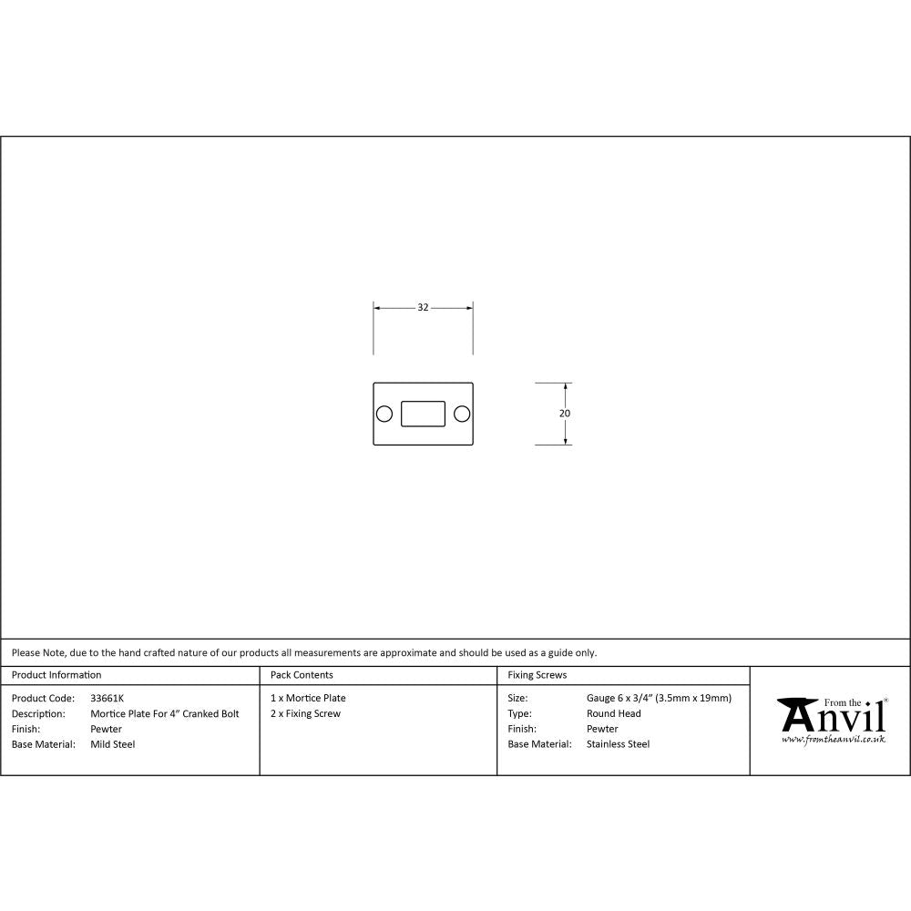 From The Anvil - Pewter Mortice Plate For 4" Cranked Bolt | Sku. 33661K | Trade Door Handles.