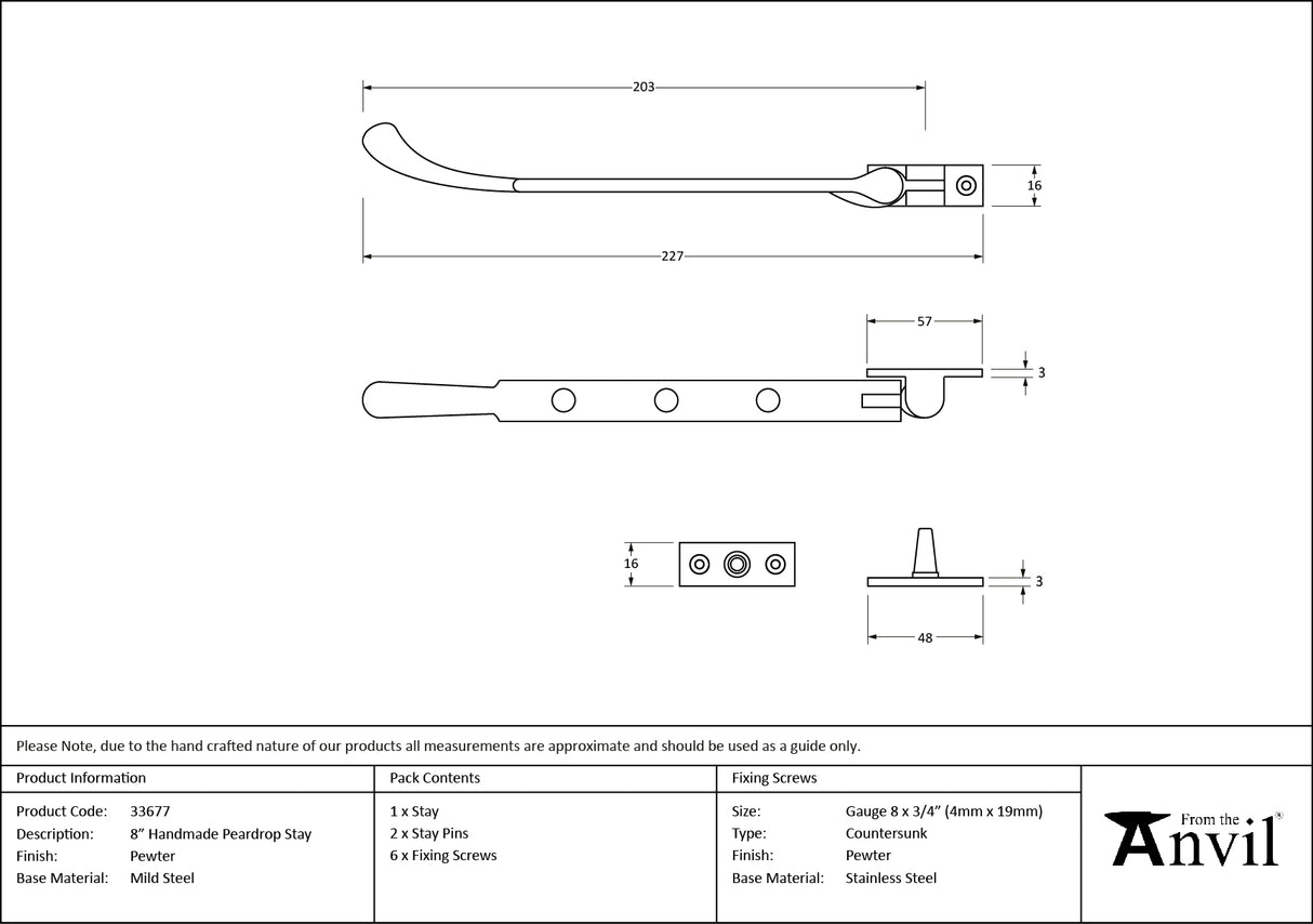 From The Anvil - Pewter 8" Peardrop Stay | Sku. 33677 | Trade Door Handles.