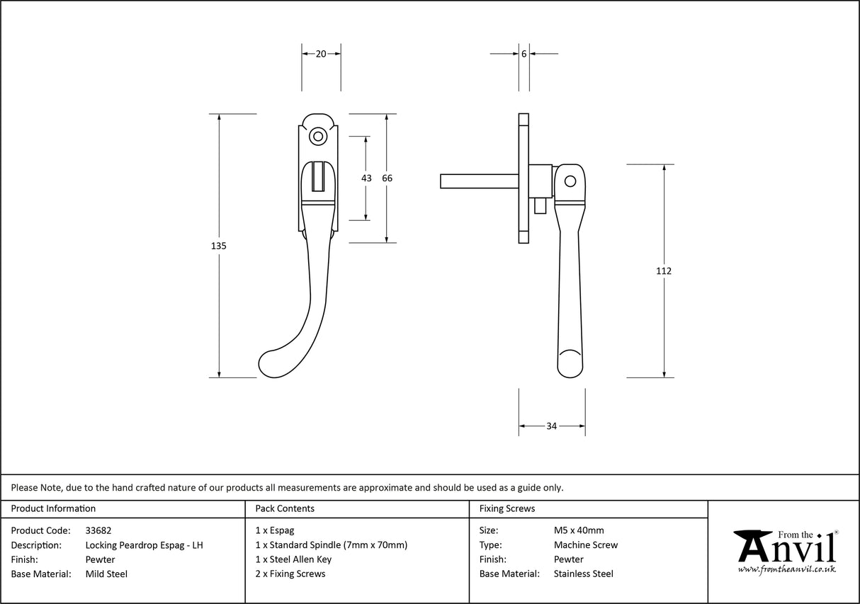 From The Anvil - Pewter Locking Peardrop Espag - LH | Sku. 33682 | Trade Door Handles.