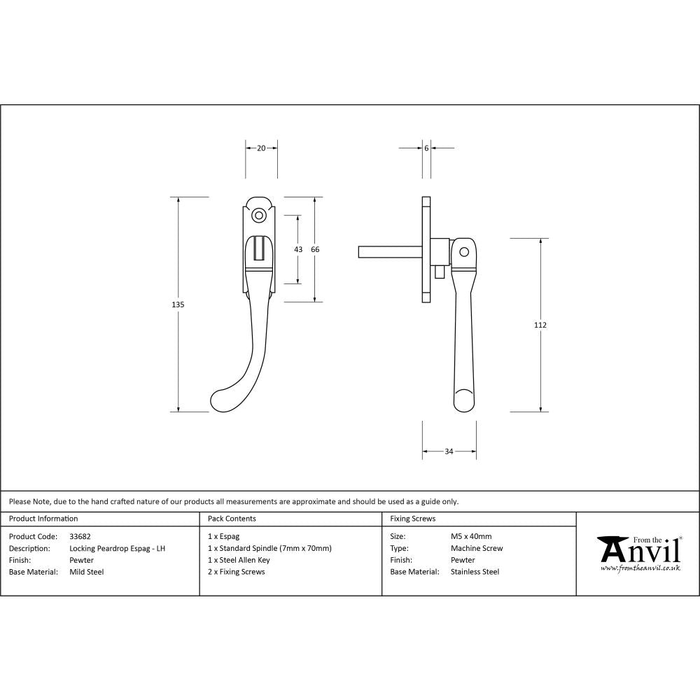From The Anvil - Pewter Locking Peardrop Espag - LH | Sku. 33682 | Trade Door Handles.