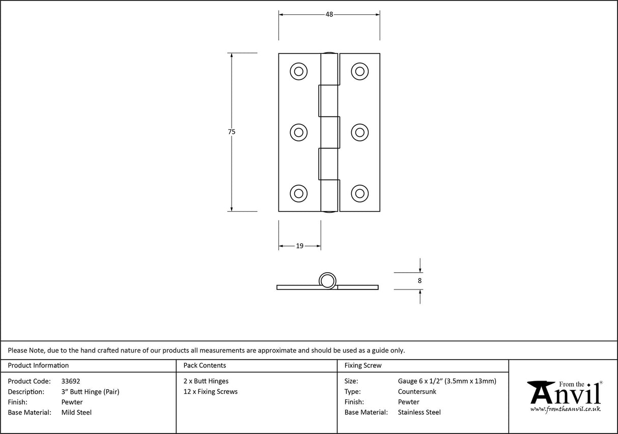 From The Anvil - Pewter 3" Butt Hinge (pair) | Sku. 33692 | Trade Door Handles.