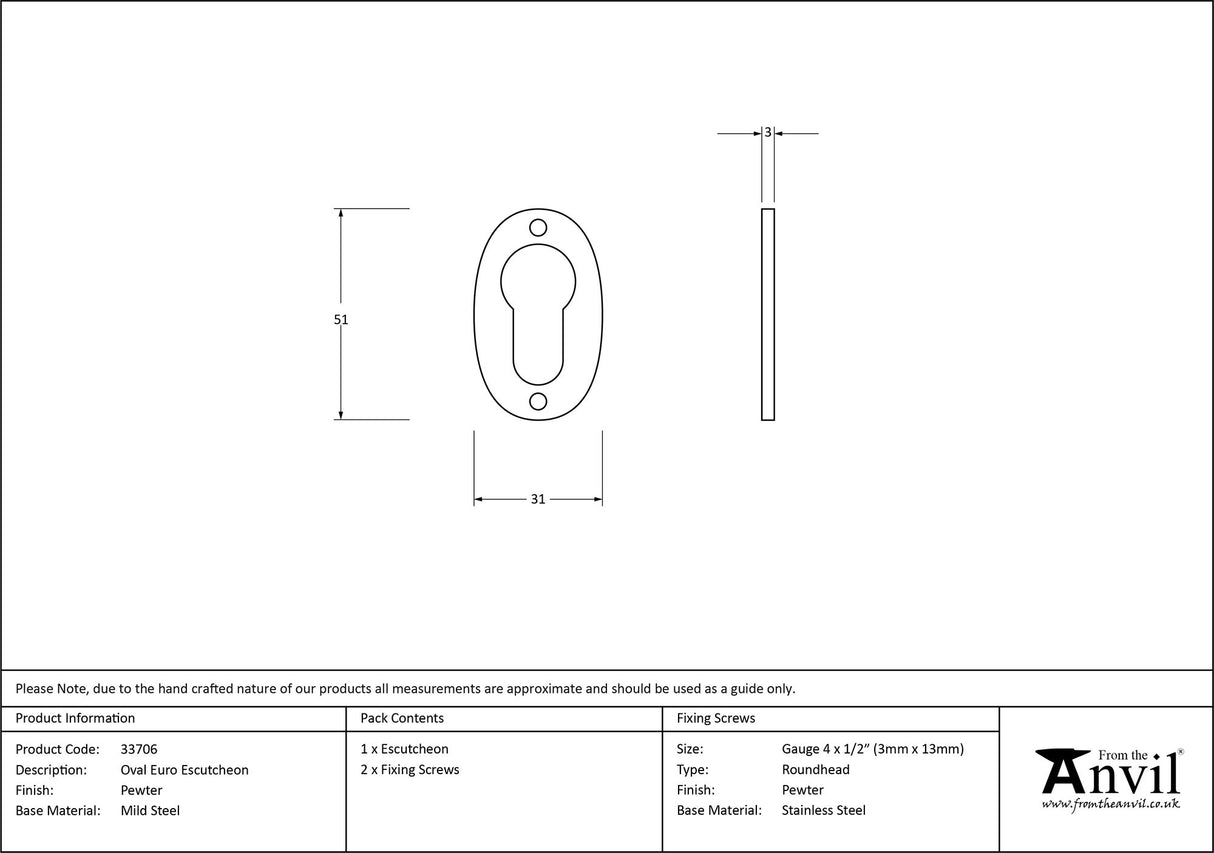 From The Anvil - Pewter Oval Euro Escutcheon | Sku. 33706 | Trade Door Handles.