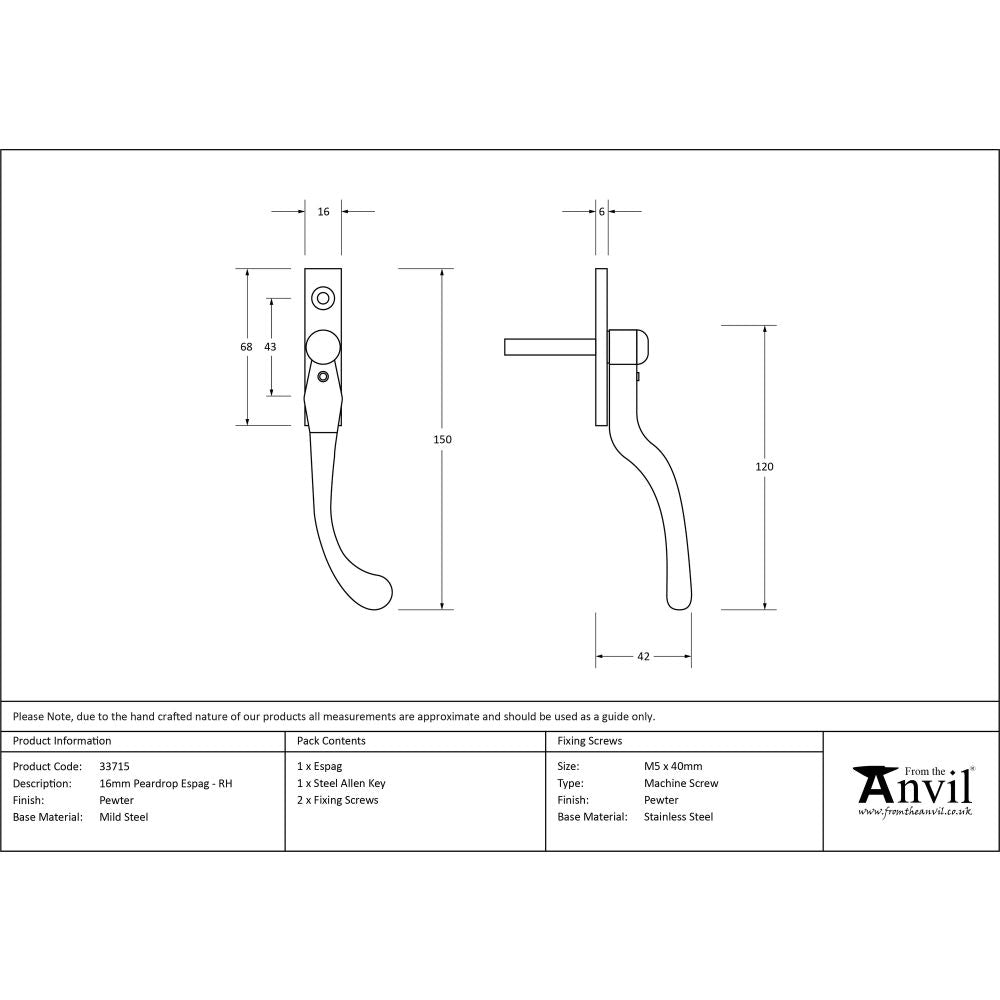 From The Anvil - Pewter 16mm Peardrop Espag - RH | Sku. 33715 | Trade Door Handles.