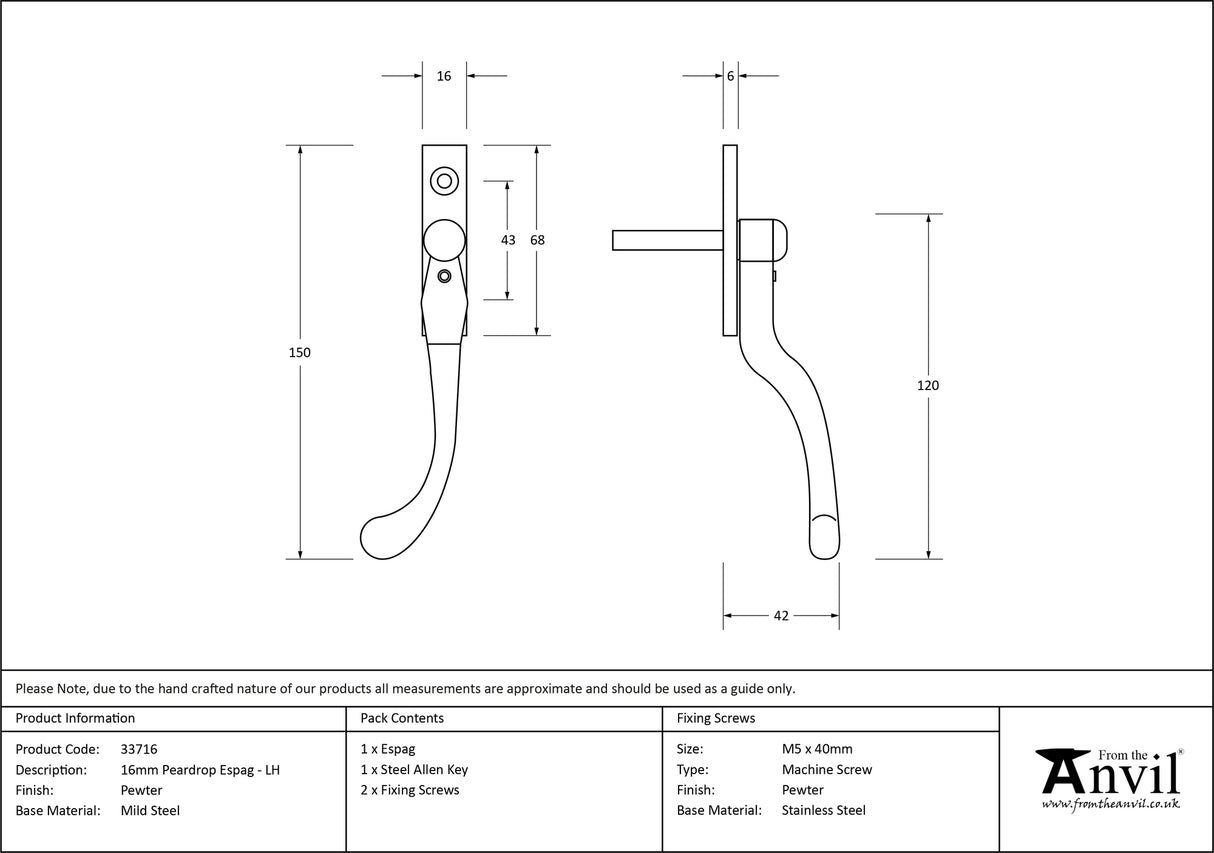 From The Anvil - Pewter 16mm Peardrop Espag - LH | Sku. 33716 | Trade Door Handles.