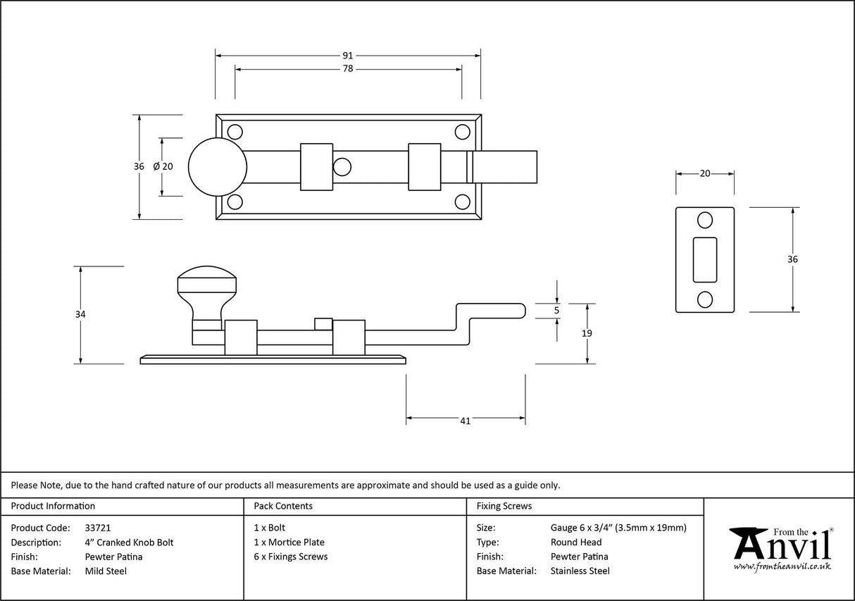 From The Anvil - Pewter 4" Cranked Knob Bolt | Sku. 33721 | Trade Door Handles.